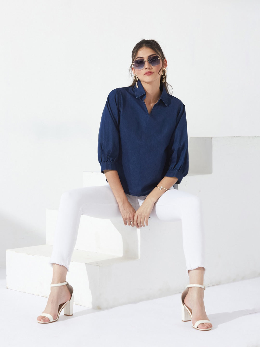 Dark Blue Collar-Neck Puff-Sleeve…