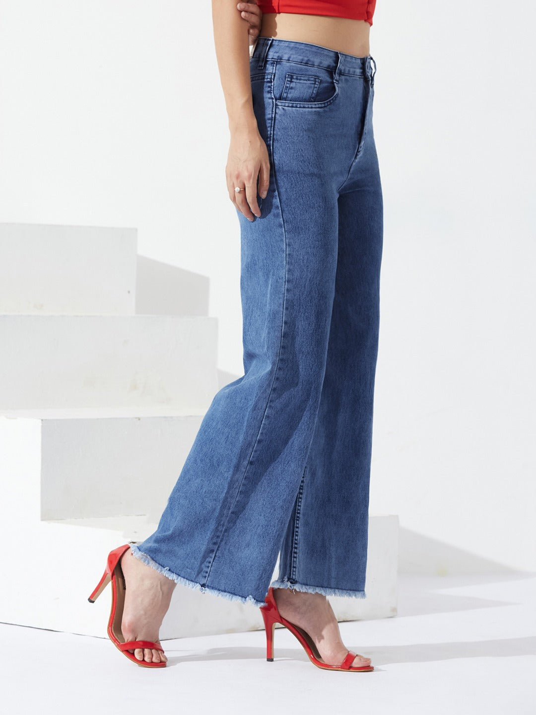 Mid-Blue Wide-Leg high-rise Stretchable…