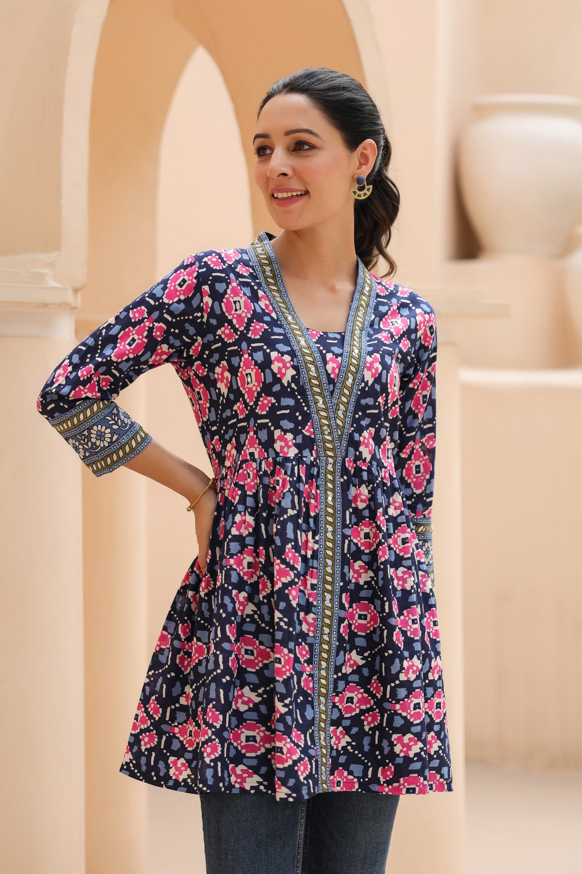 Floral Printed V-Neck A-Line…