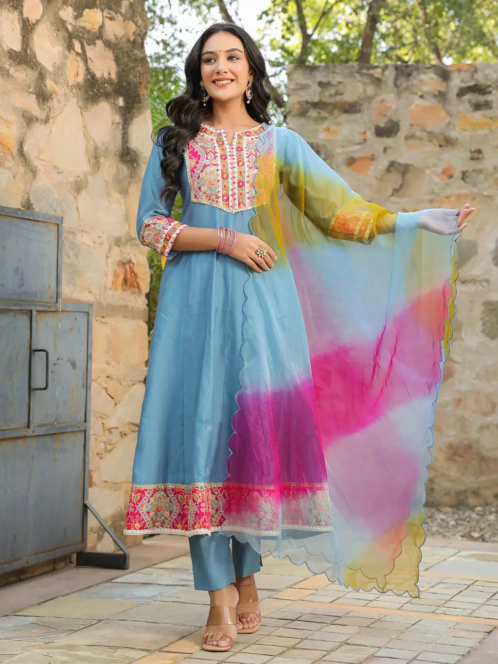 Women Blue Embroidered Anarkali…