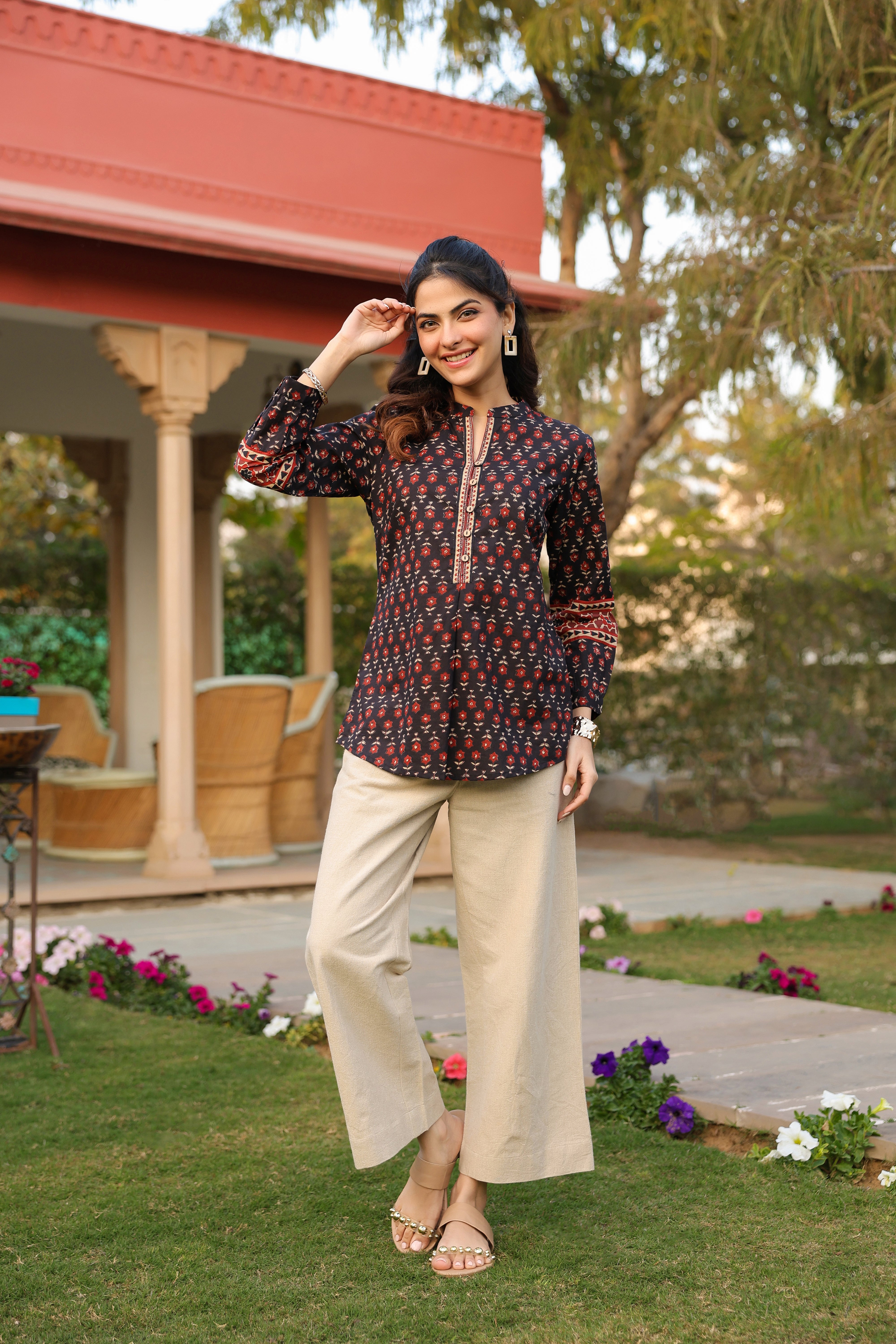 Print Mandarin Collar Cotton…