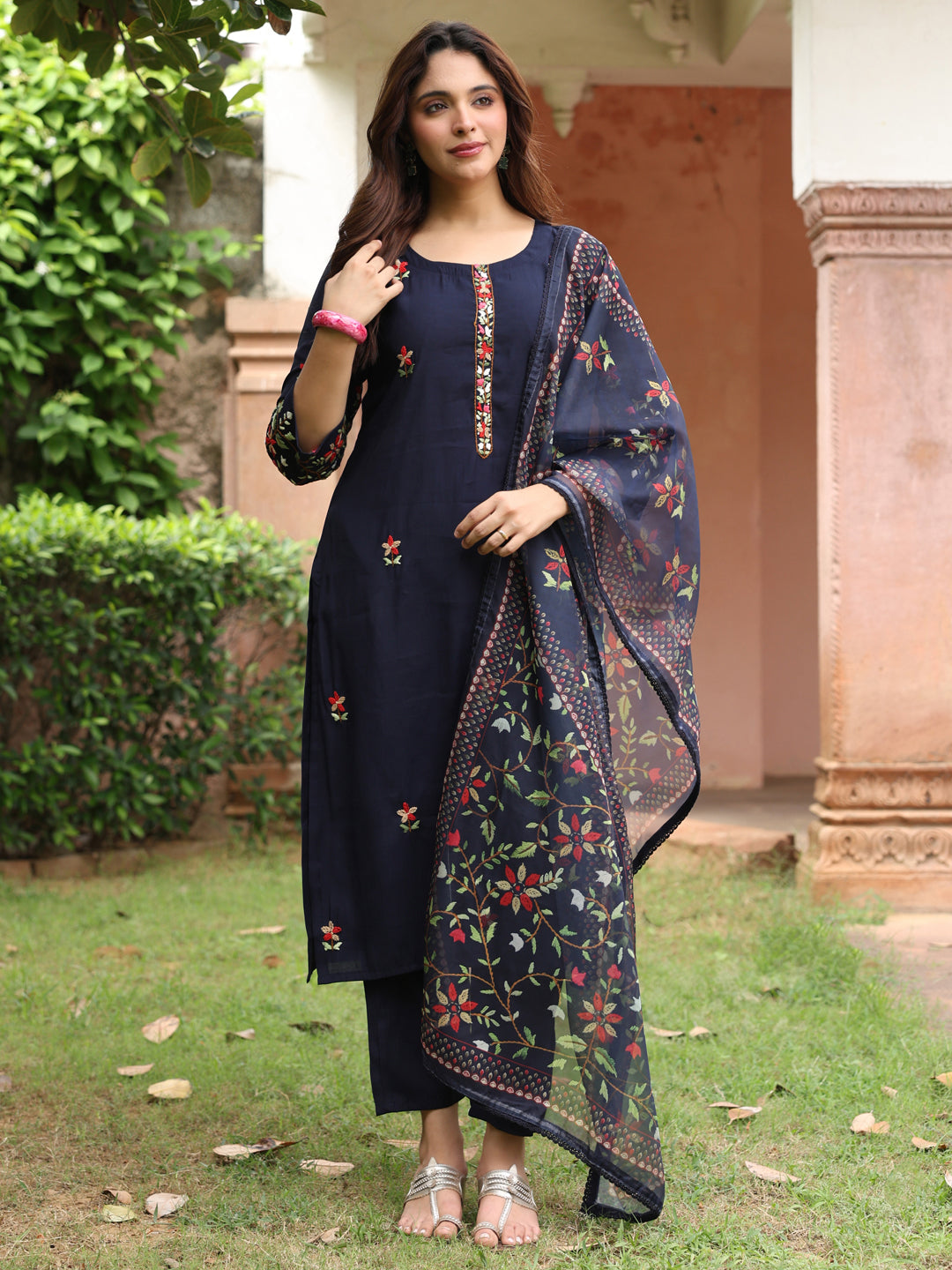 Navy Blue Floral Embroidered…