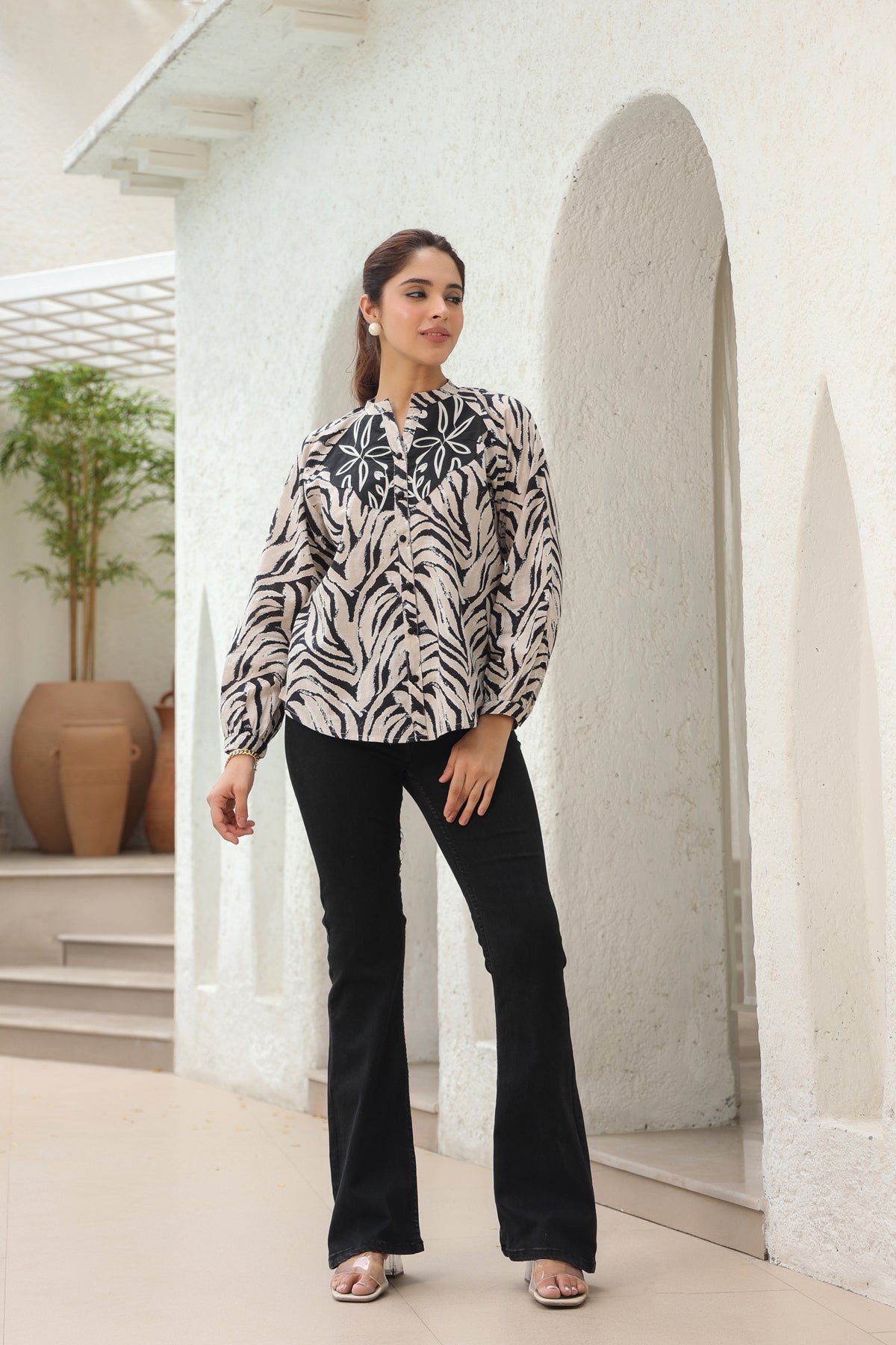 Print Mandarin Collar Puff…