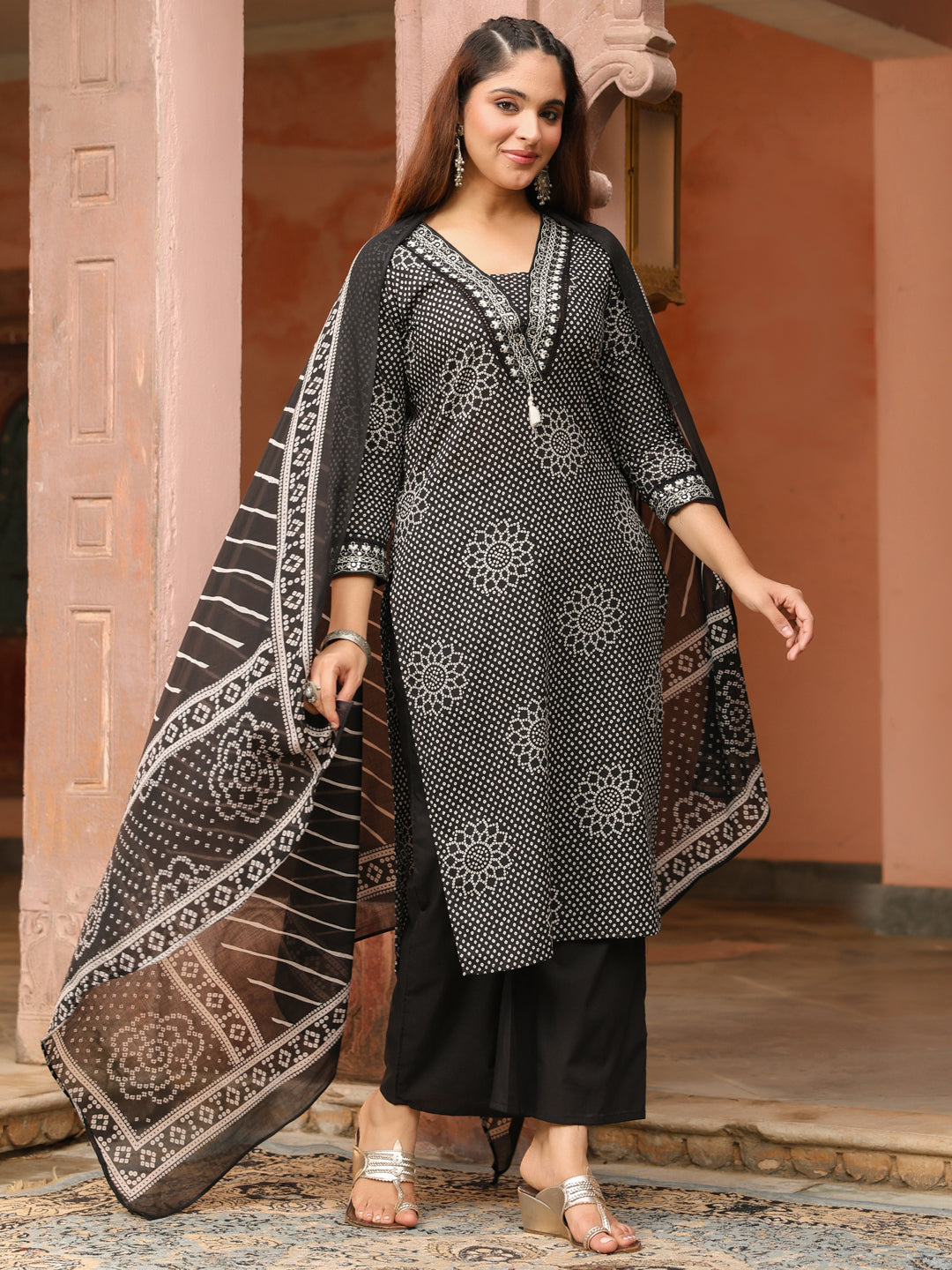 Black Printed 3-Piece Straight…