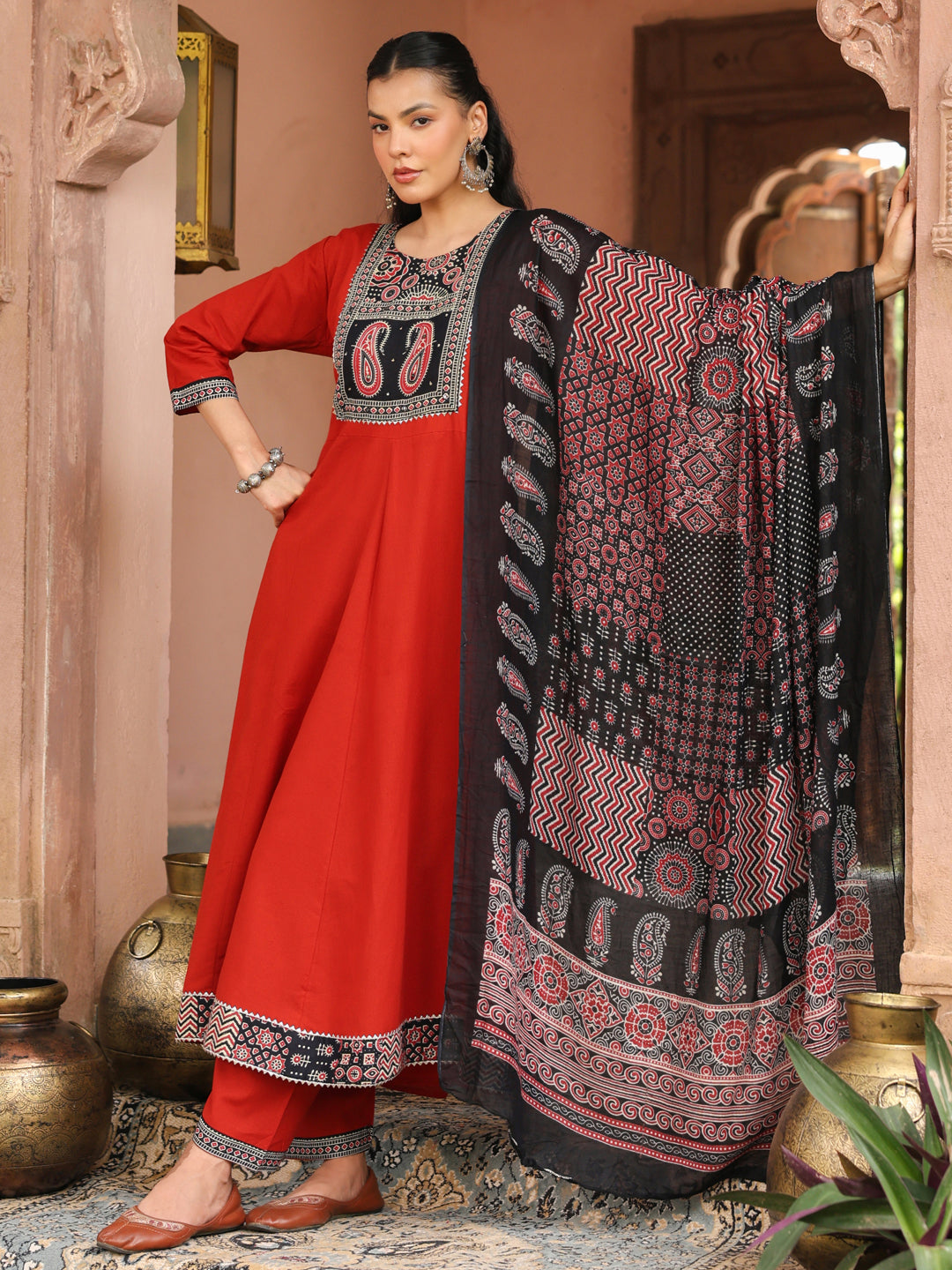 Red Printed 3-Piece Anarkali…