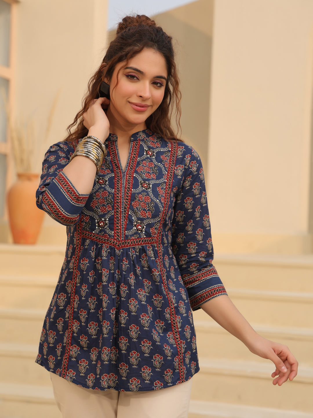 Print Mandarin Collar Cotton…