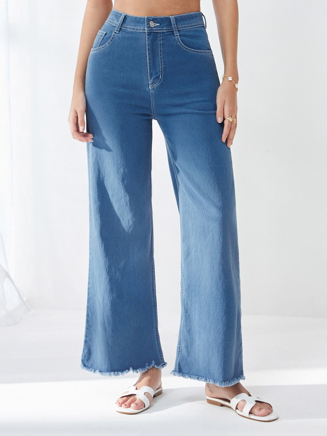 Blue Wide-Leg High-Rise Stretchable…