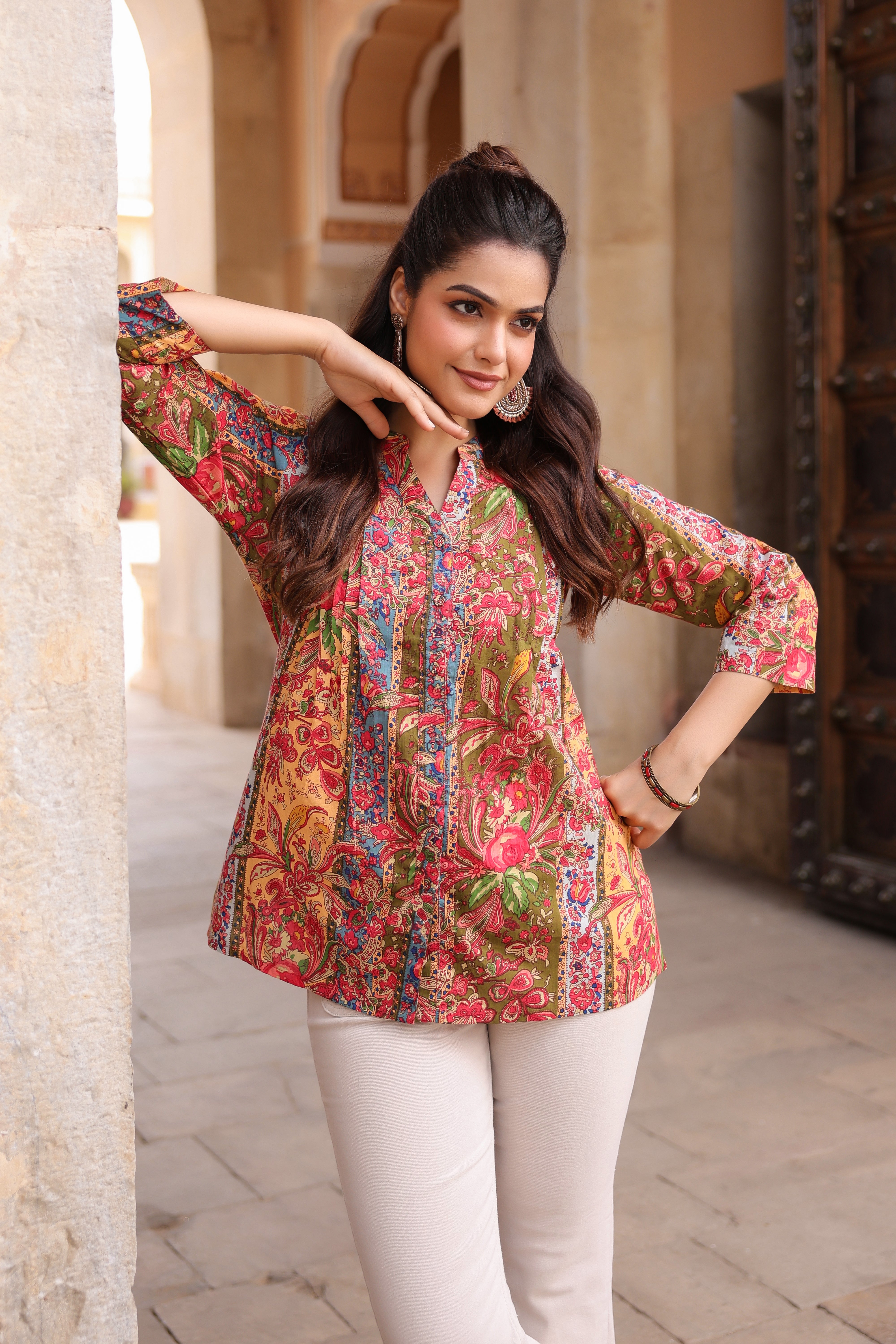 Print Mandarin Collar Cotton…