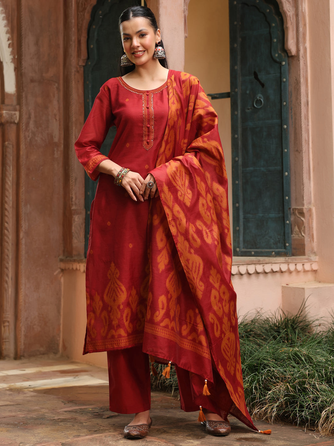 Maroon Jacquard Print 3-Piece…