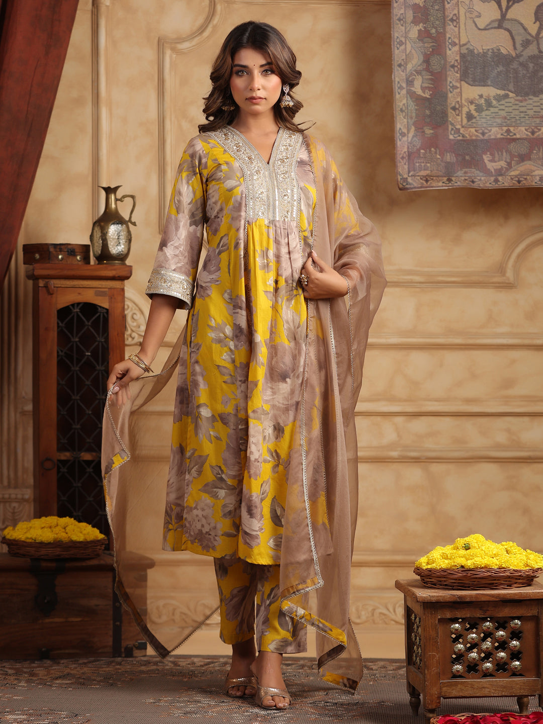 Mustard Floral Sequinned Cotton…