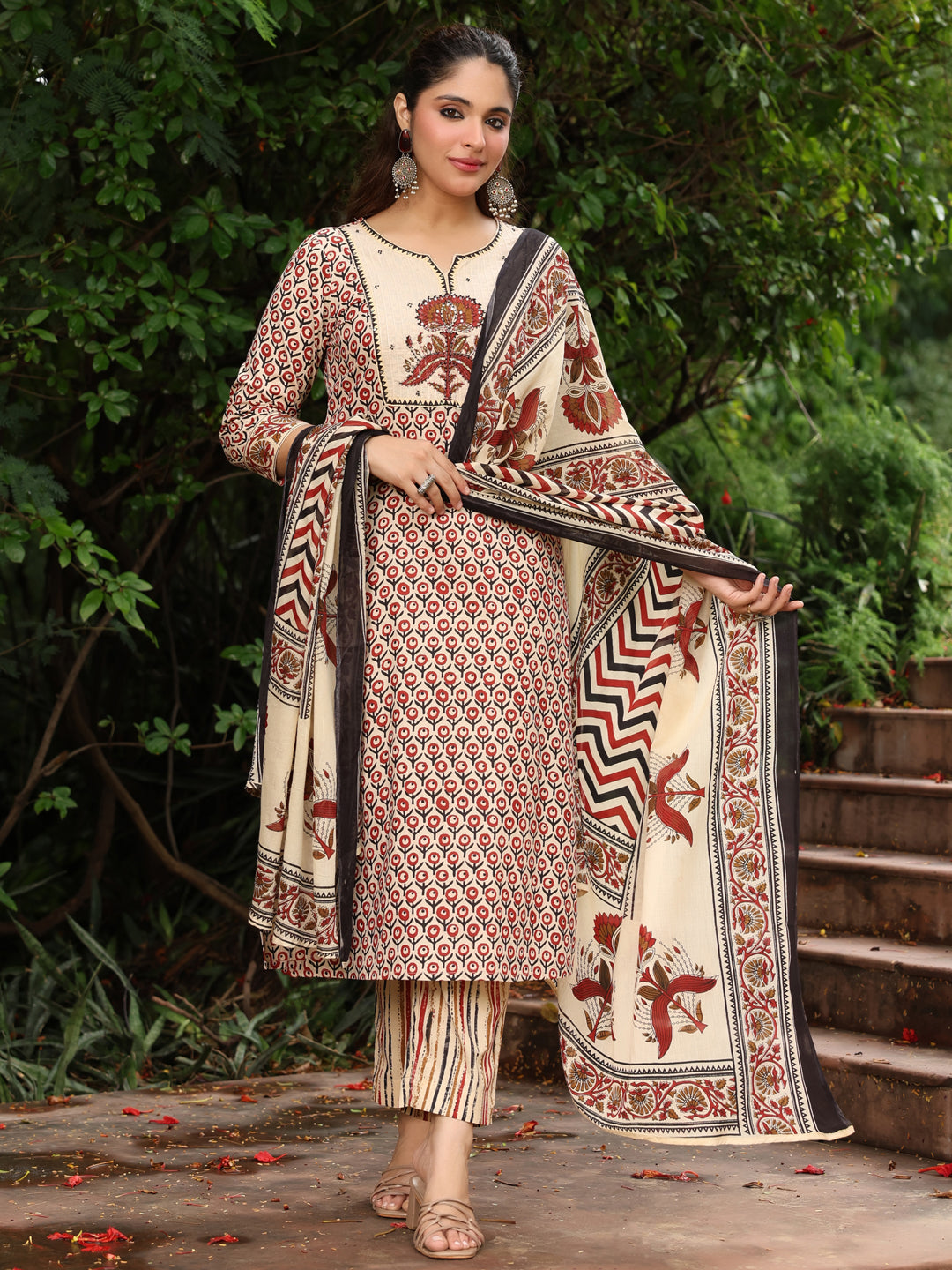 Rust Striped Embroidered 3-Piece…