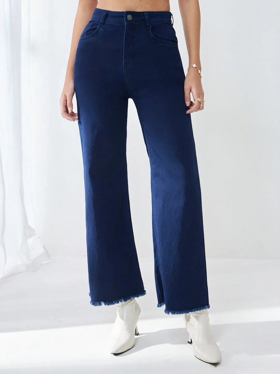 Navy Blue Wide-Leg High-Rise Stretchable Denim Jeans for Women