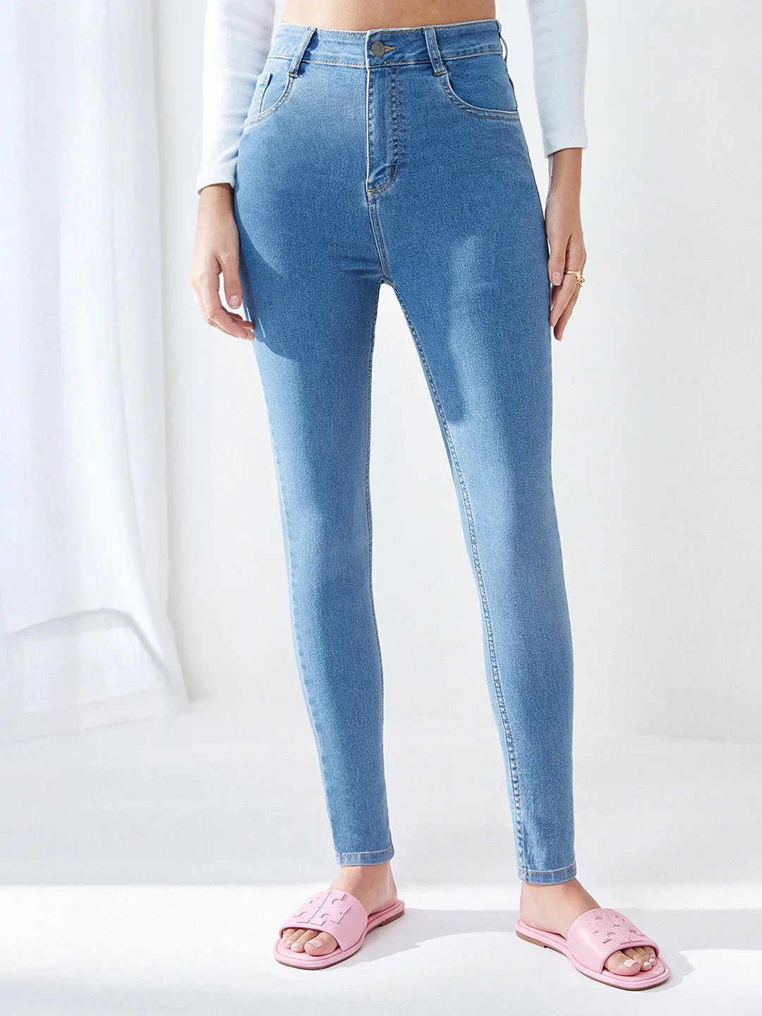 Blue Solid Skinny High Rise Cropped Fringe Detailing Solid Stretchable Denim Jeans for Women