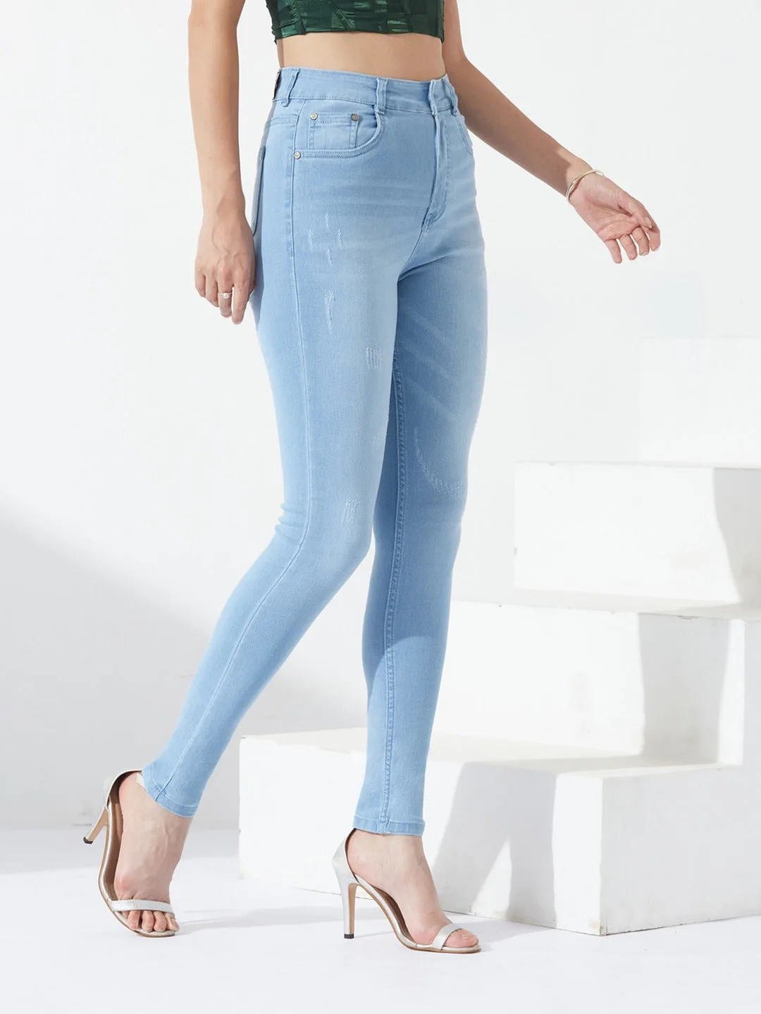 Light Blue Skinny high-rise Mild Distress Regular Stretchable Denim Jeans for Women