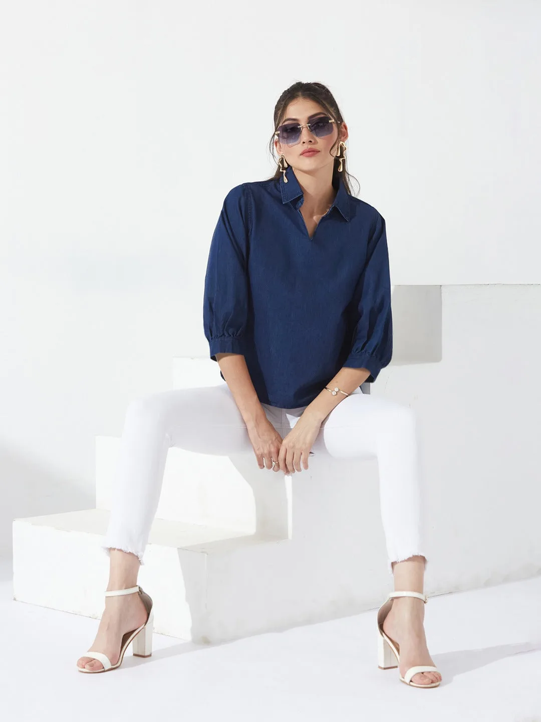 Dark Blue Collar-Neck Puff-Sleeve Solid-Colored Light Weight Denim Tunic Top for Women