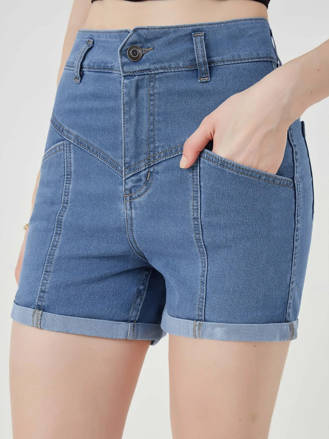 Blue Relaxed-Fit High-Rise Stretchable Blue Denim Shorts for Women