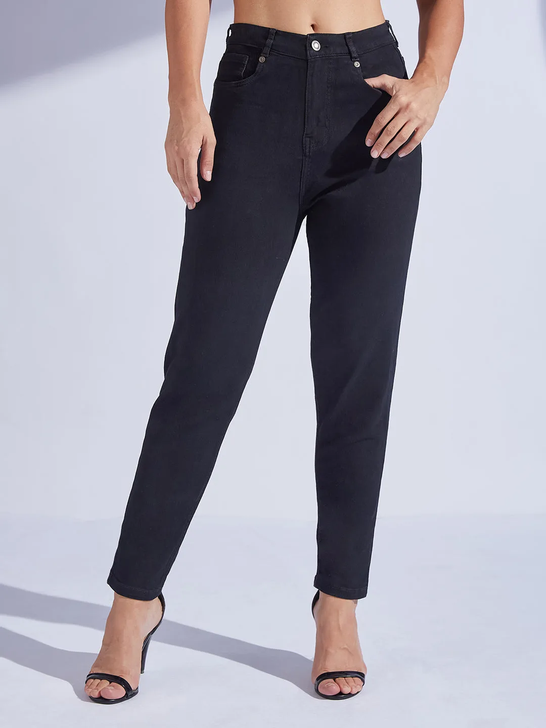 Black High Rise Stretchable Denim Mom Jeans for Women