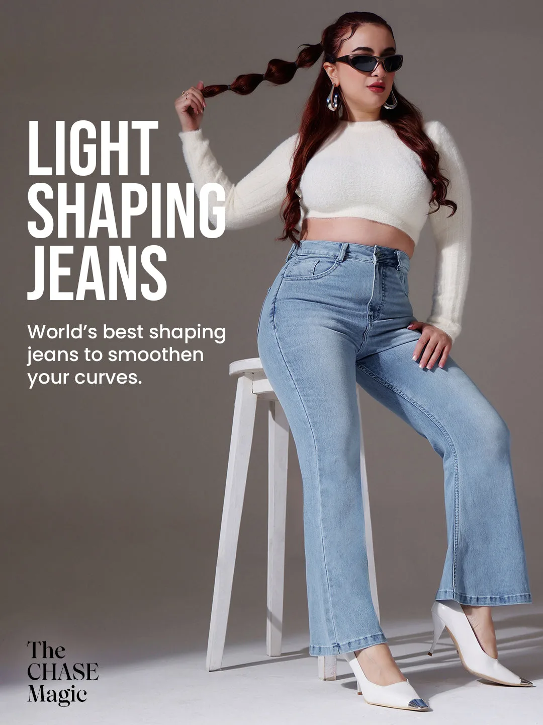 Tummy Smoothening Light-Shaping Bootcut High-Rise Light-Blue Denim Jeans
