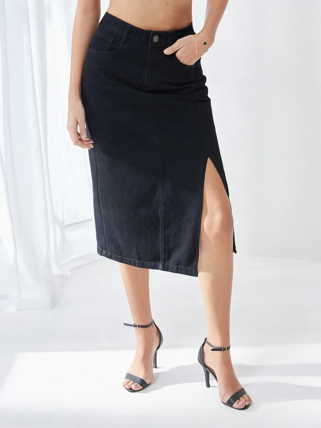 Black Straight-Fit High-Rise Stretchable Denim Midi Slit Skirt for Women
