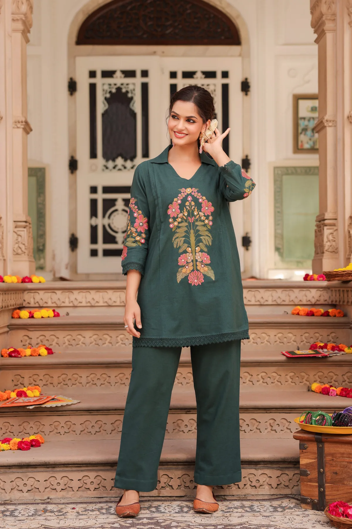 Embroidered Pure Cotton Tunic With Trouser