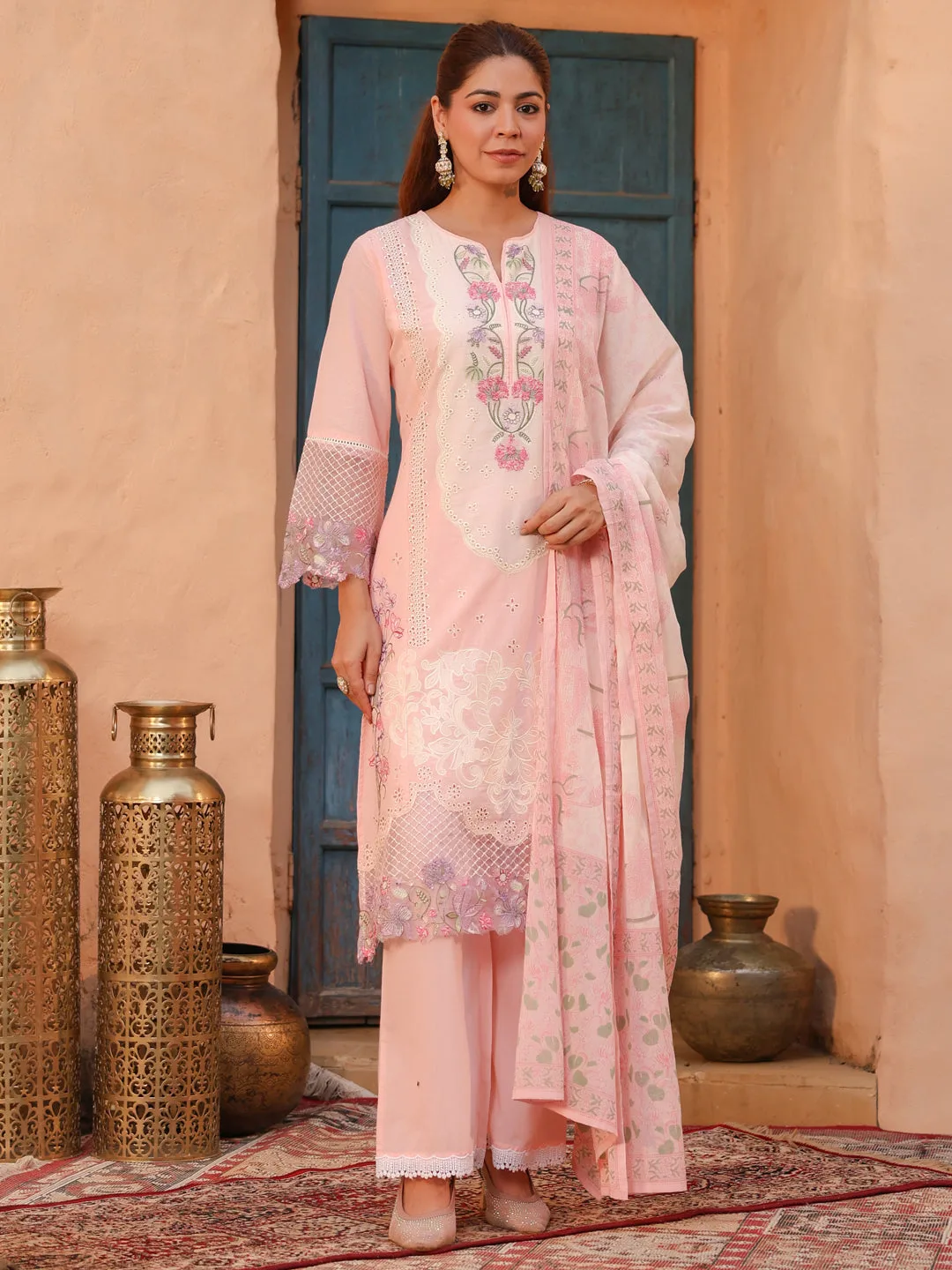 Pink Floral Embroidered 3-Piece Straight Kurta Set