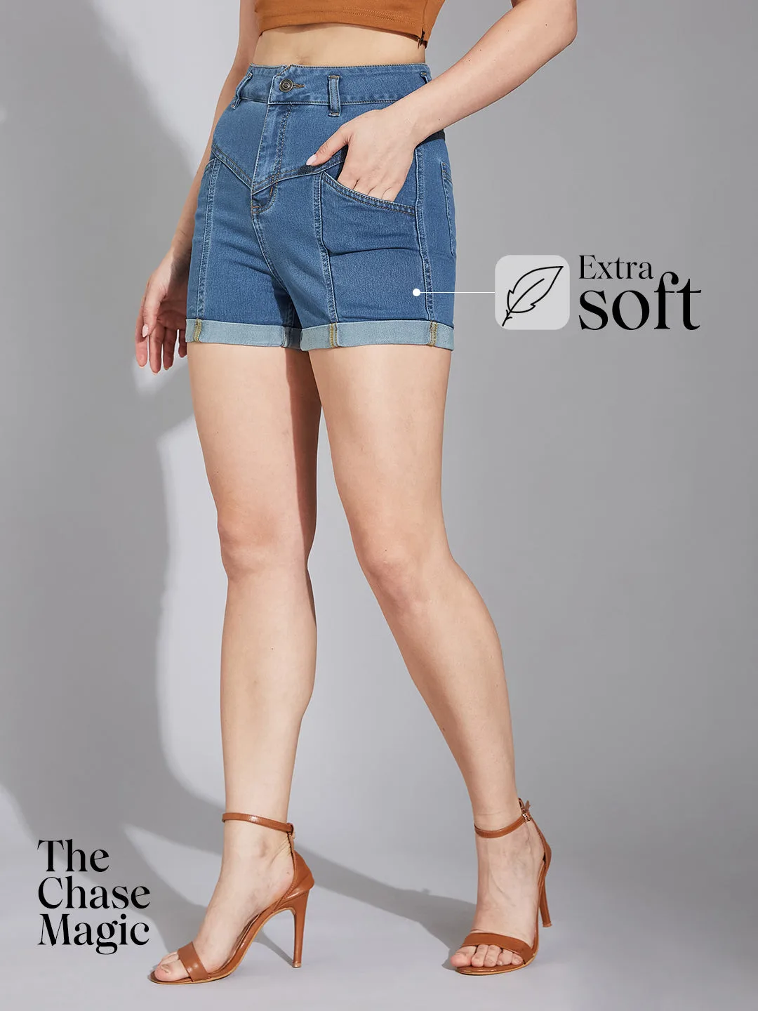 Blue Relaxed-Fit High-Rise Clean-Look Stretchable Blue Denim Shorts for Women