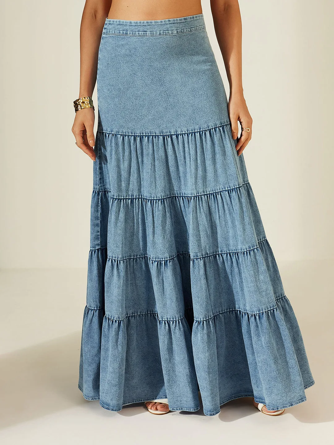Women’s Light-Blue High-Rise Gathered Maxi Denim Skirt with Tiered Design for Women
