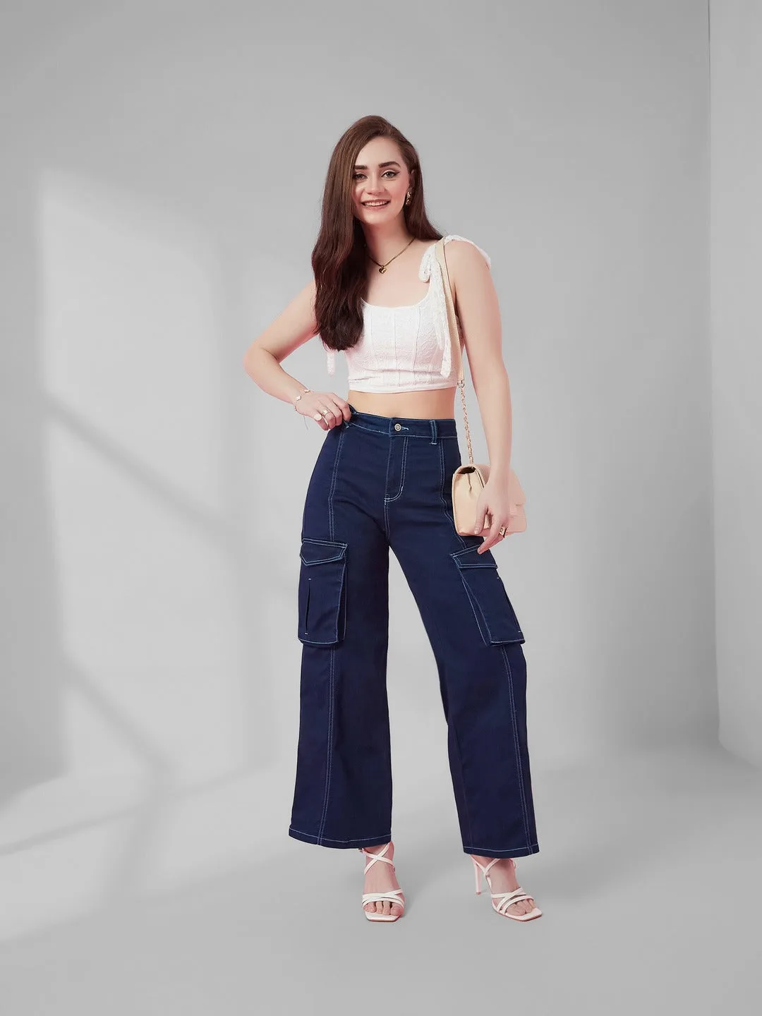 Navy Blue Wide leg high-rise Regular Stretchable Denim Jeans for Women