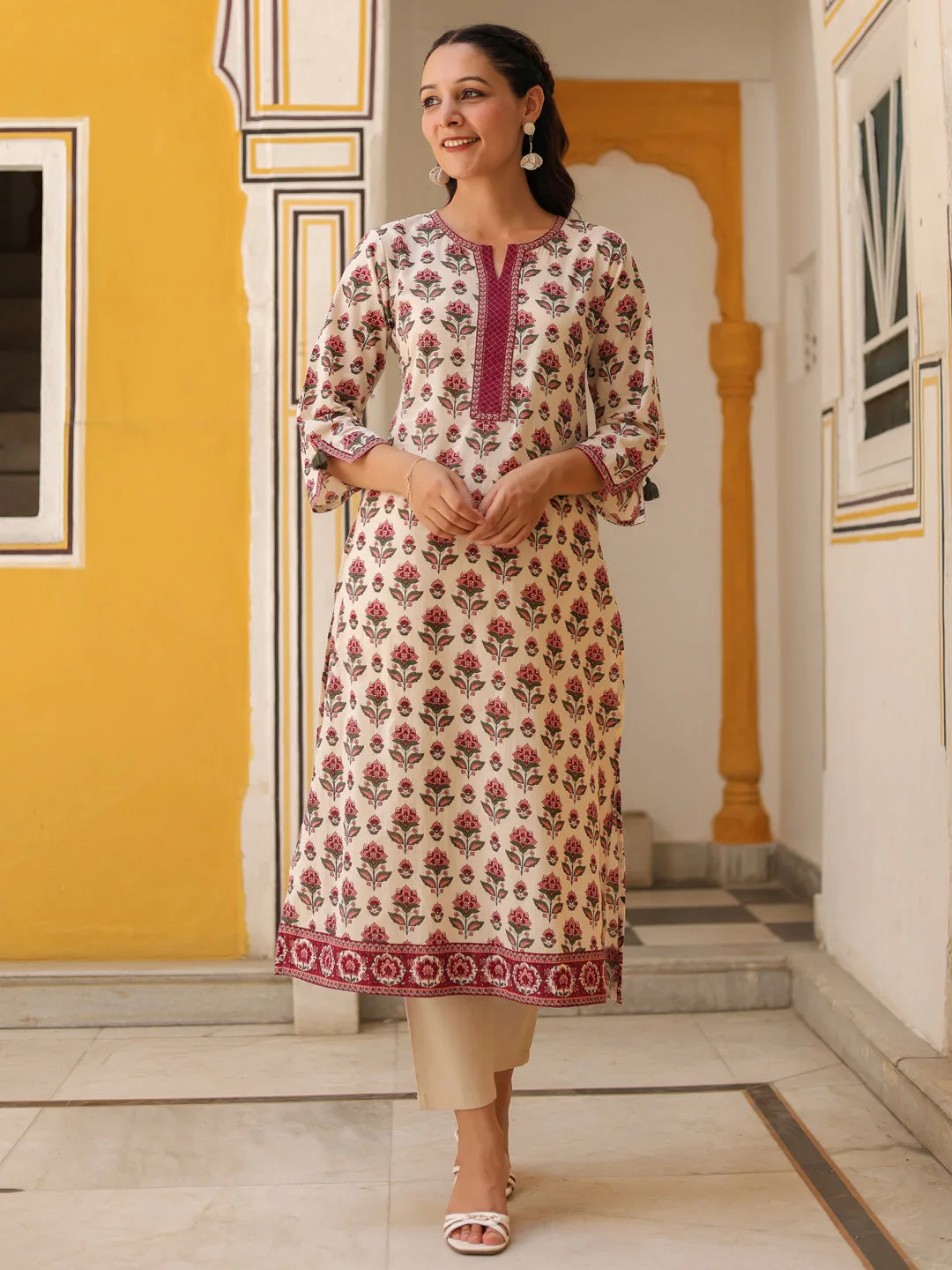 Floral Printed Notch Neck Thread Work Pure Cotton Kurta