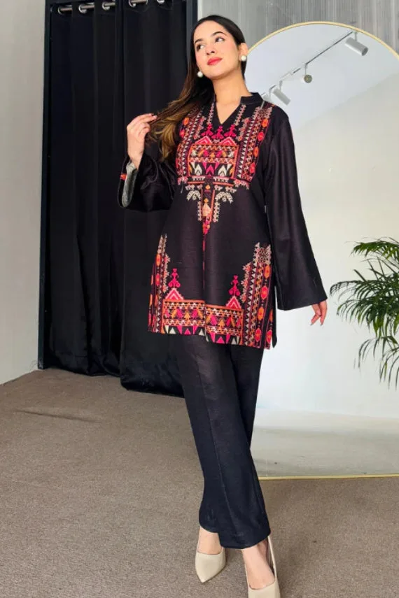 Black Cotton Kurti Set, Hot Pink and Orange Geometric Print with Bell Sleeves