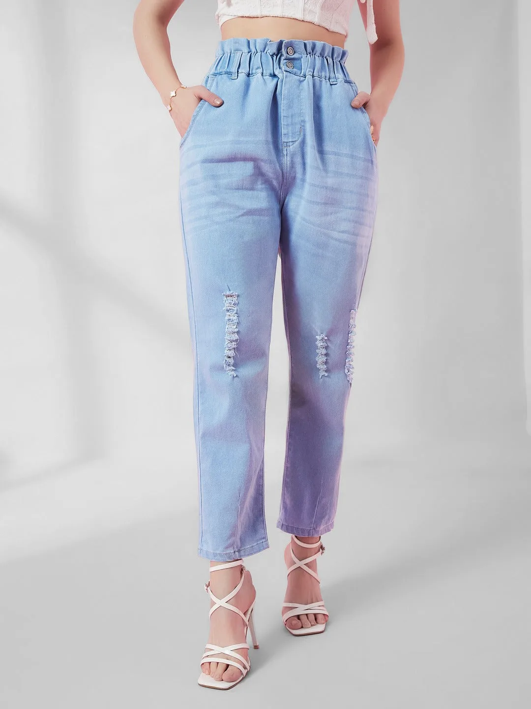 Light Blue Mom Jeans high-rise Mild Distress Regular Stretchable Denim Jeans for Women