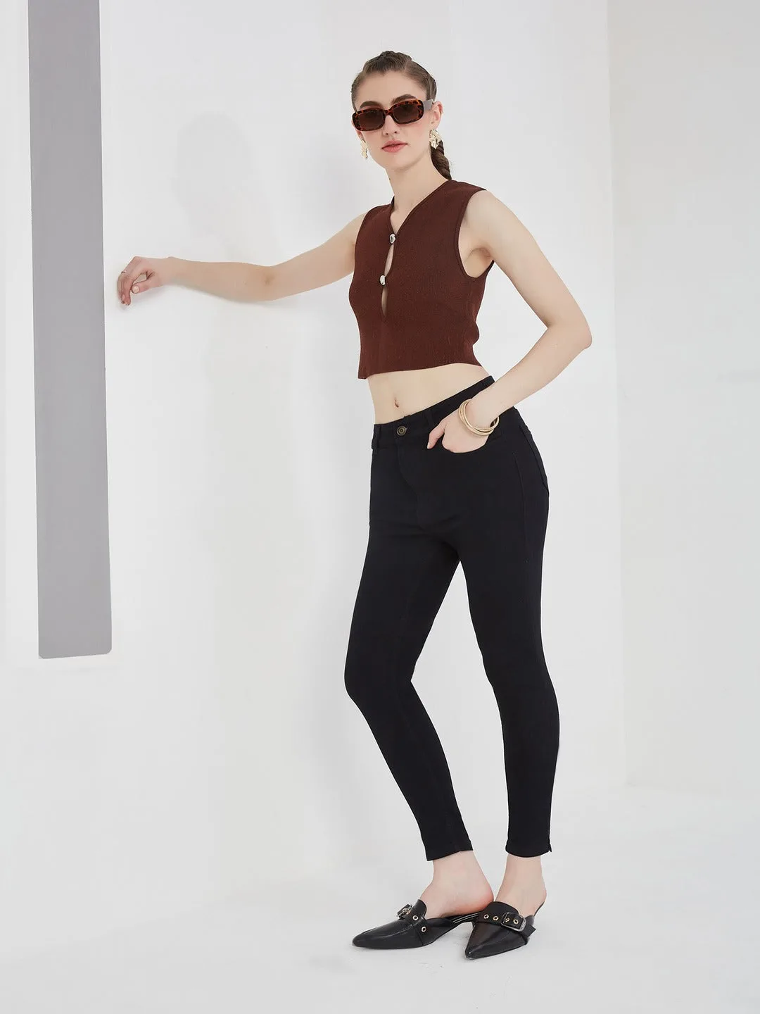 Black Skinny high-rise Cropped Stretchable Denim Jeans for Women