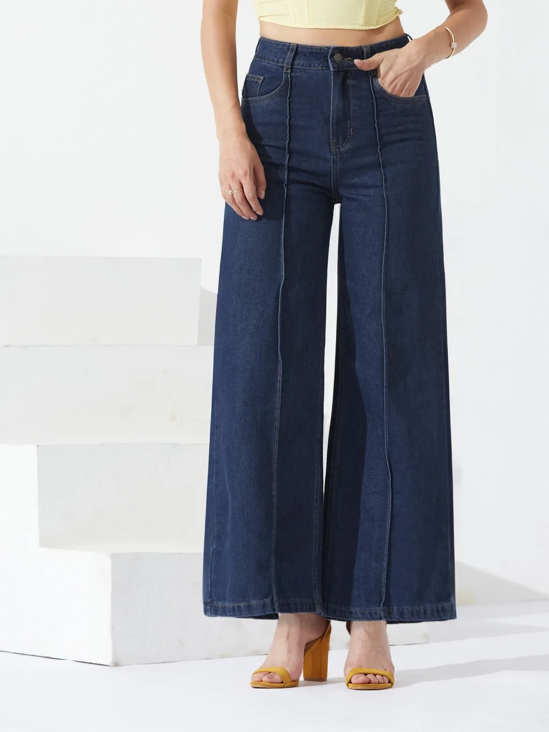 Navy Blue Wide-Leg High-Rise Non-stretchable Denim Jeans for Women