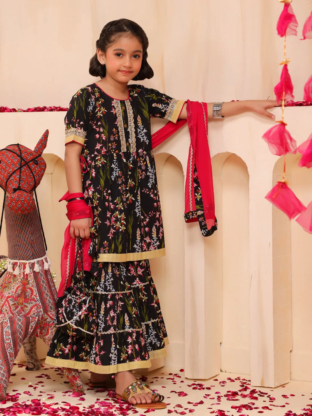 Girls Ethnic Motifs Printed Regular Pure Cotton Kurta with Sharara & With Dupatta
