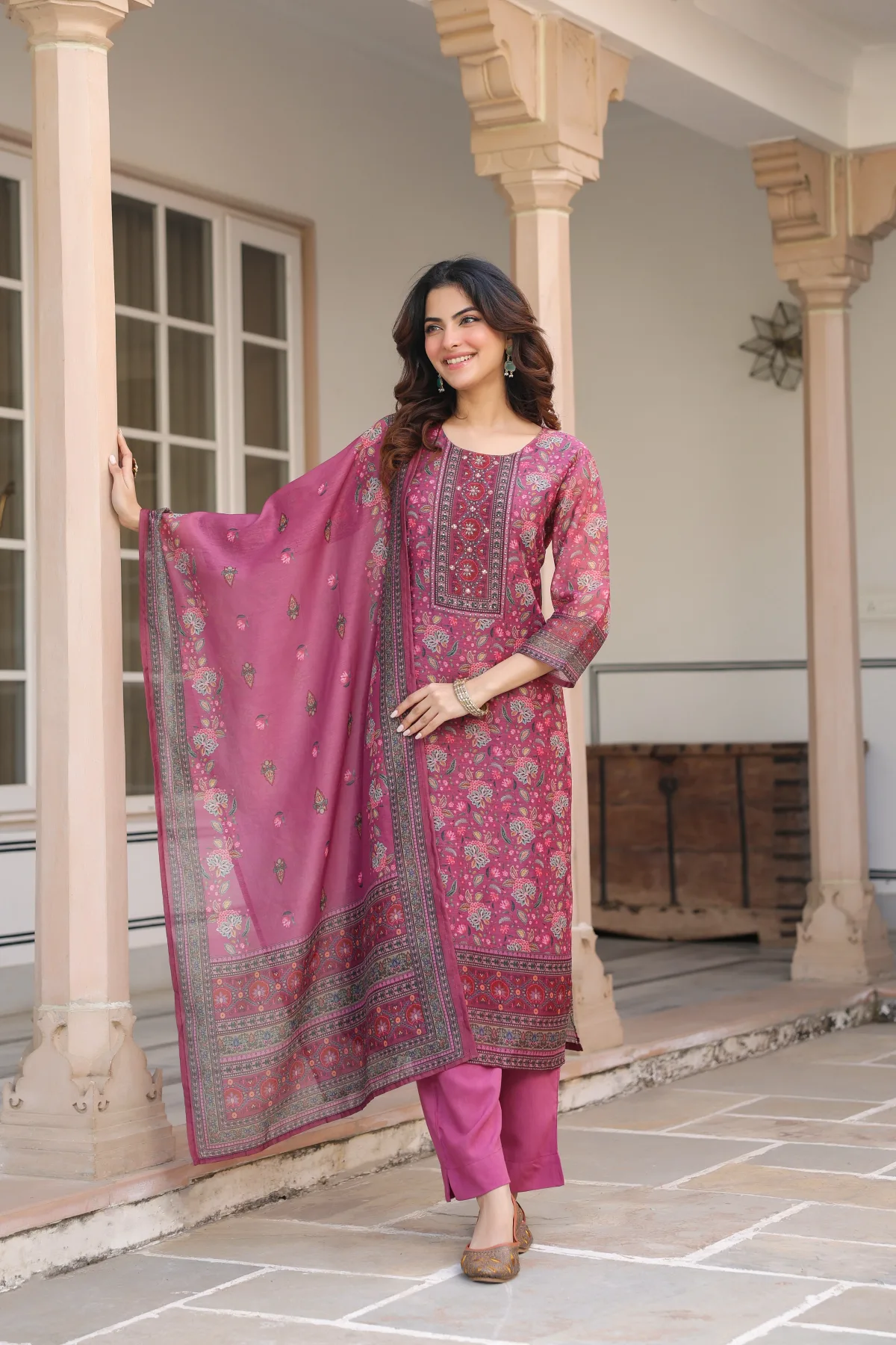 Women Ethnic Motifs Printed Regular Sequinned Chanderi Cotton Kurta with Trousers & With Dupatta