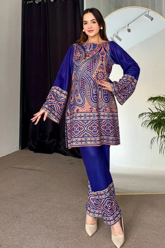 Royal Blue Cotton Kurta Pant Set with Paisley Digital Print and Flared Sleeves