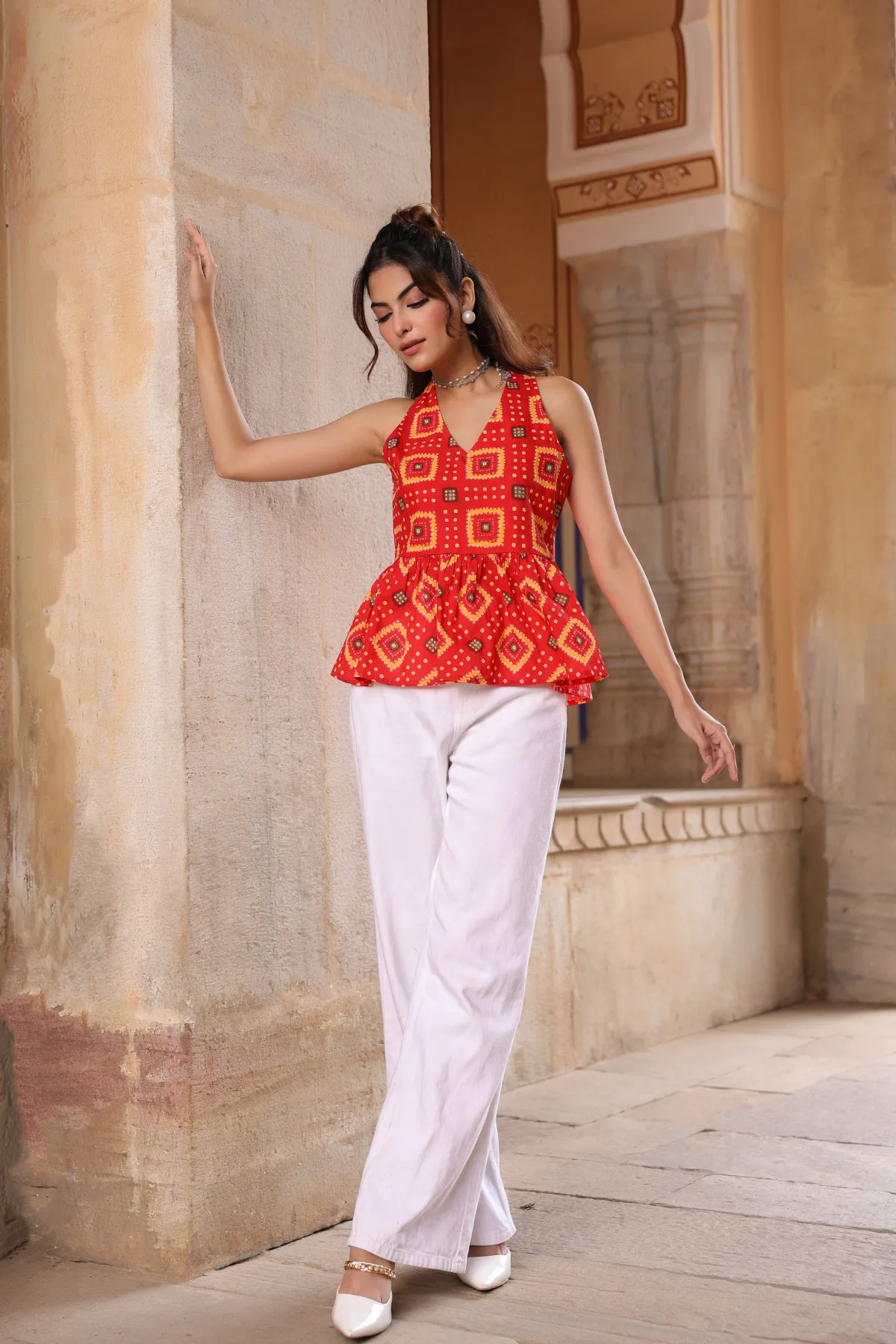 Women Printed Cotton Sleeveless Peplum Top