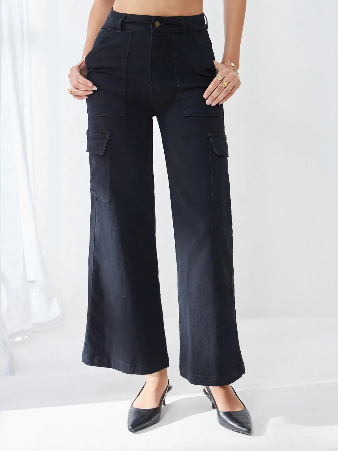 Black Wide leg High rise Regular Stretchable Denim Jeans for Women