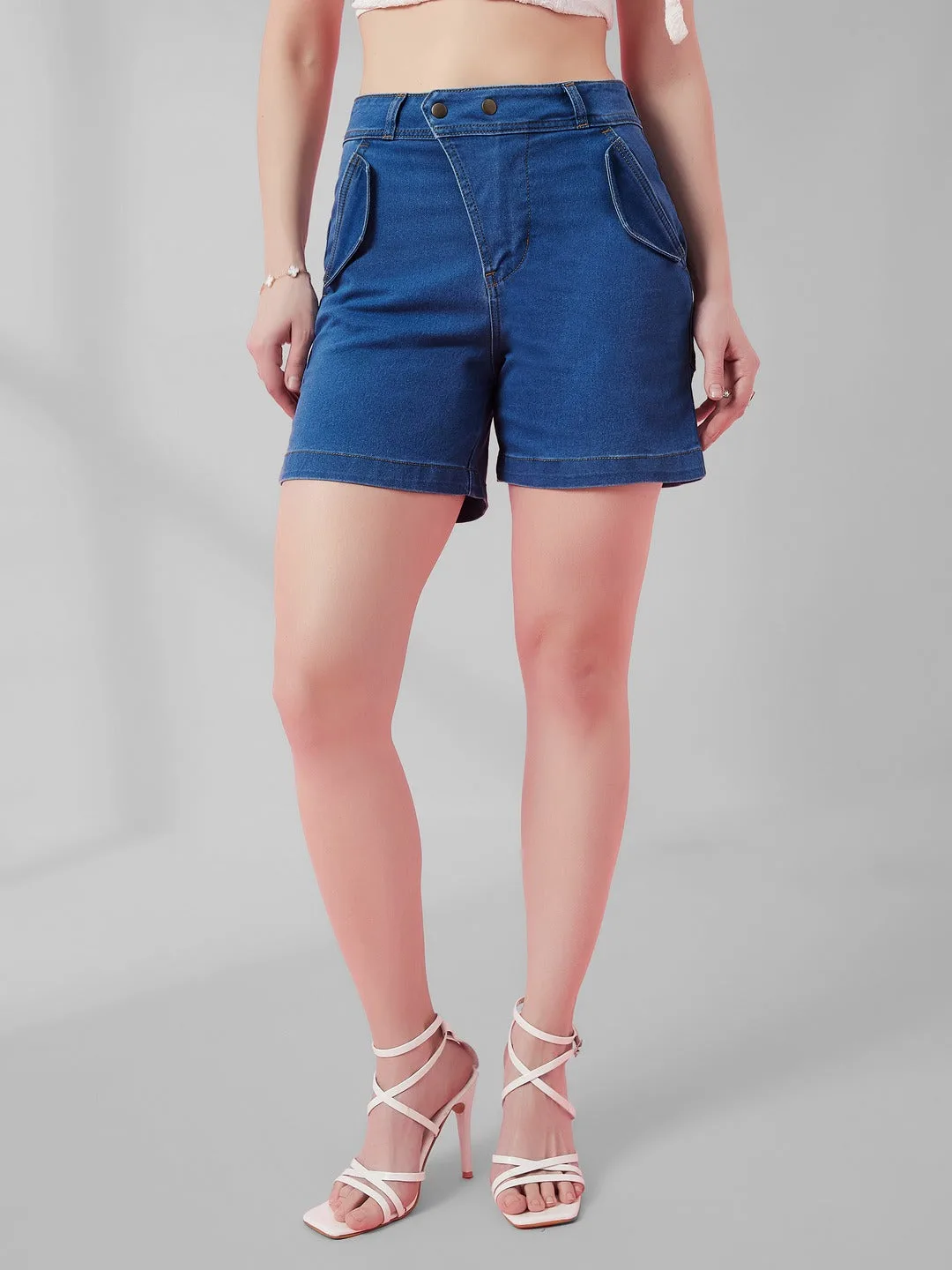 Relaxed-Fit Mid-Rise Stretchable Blue Denim Bermuda Shorts for Women