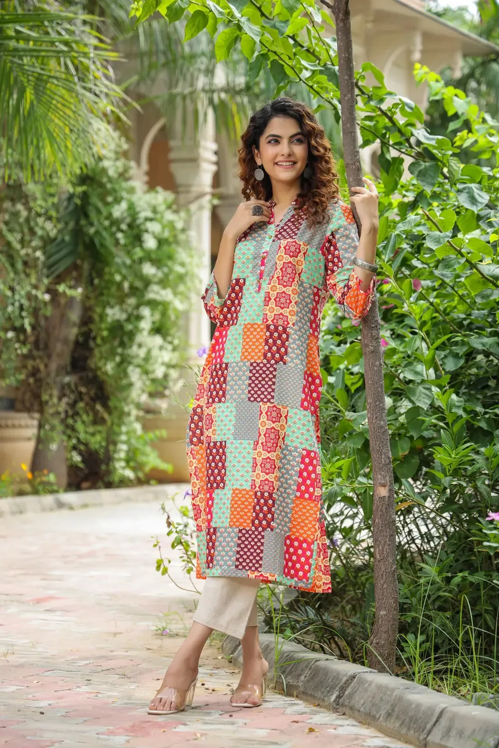 Women Multi-Color Red Patch Printed A-line Kurti