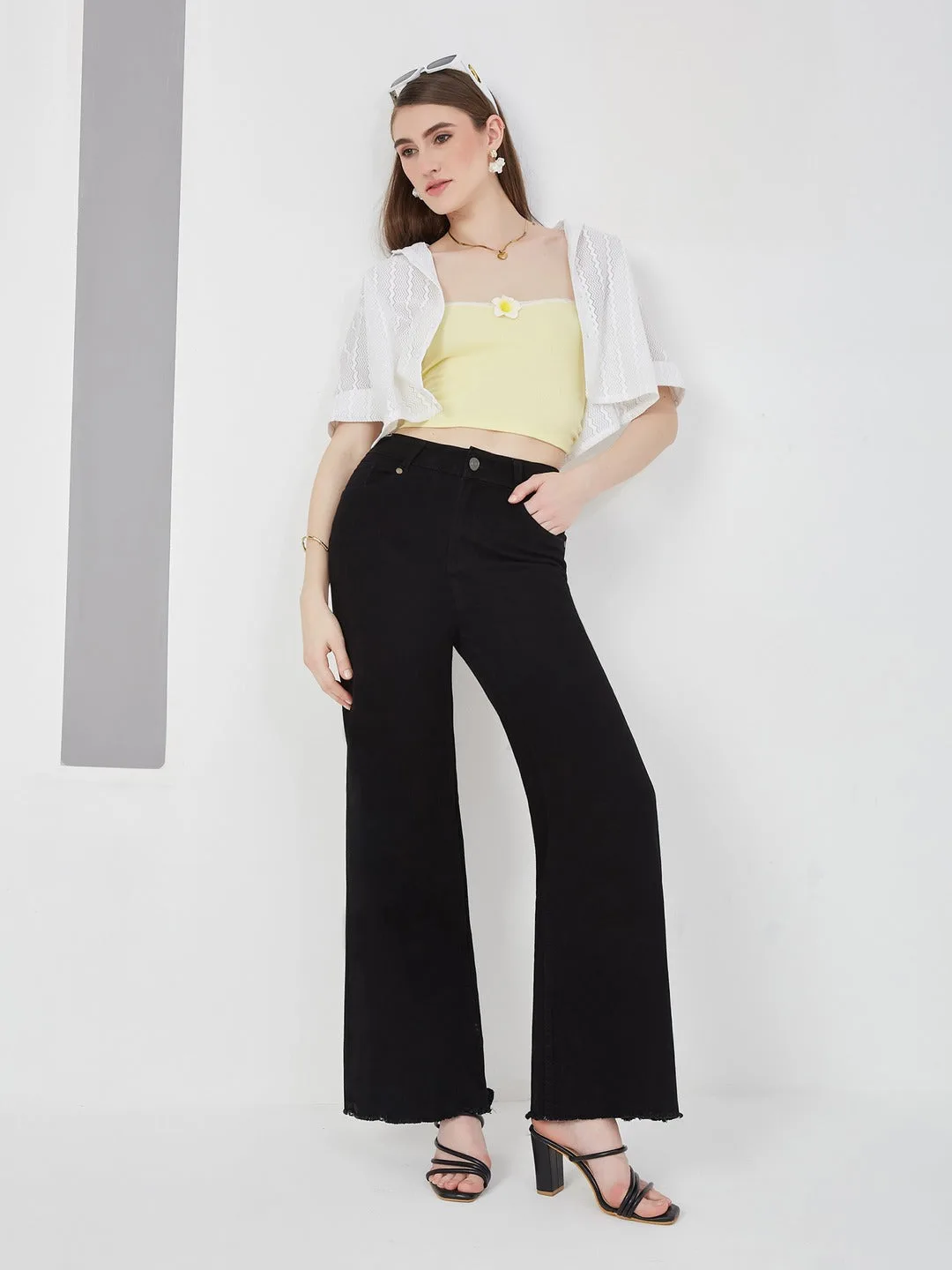 Black high-rise Stretchable Wide Leg Denim Jeans for Women