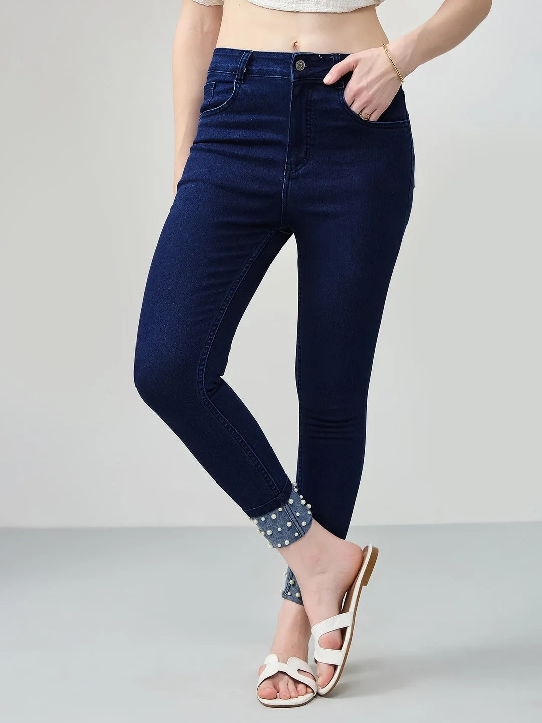 Navy Blue Skinny Fit high-rise Pearl Embellished On The Hem Denim Stretchable Jeans for Women