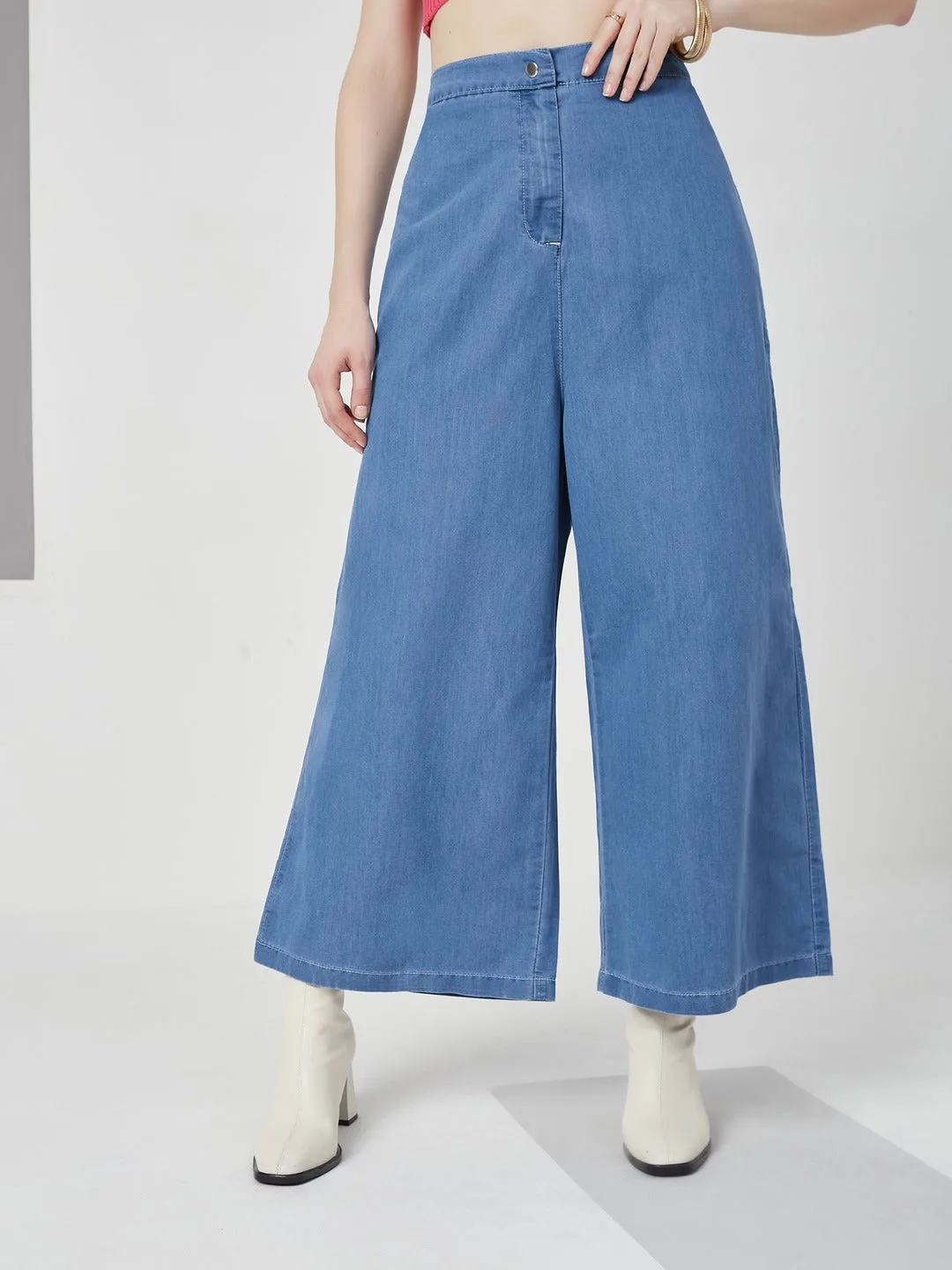 Blue Flared Wide-Leg high-rise Non Stretchable Light Weight Denim Pants for Women
