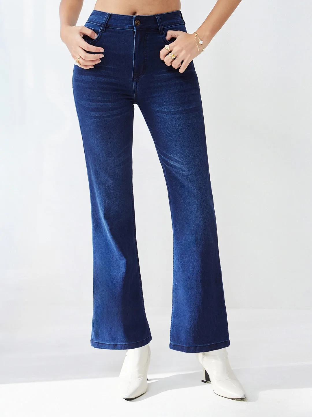 Navy blue Wide leg Mid rise Stretchable Denim Jeans for Women