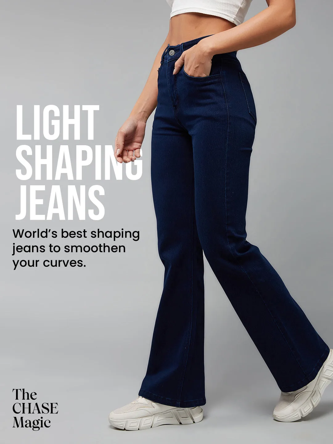 Tummy Smoothening Light-Shaping Bootcut High-Rise Navy Blue Denim Jeans