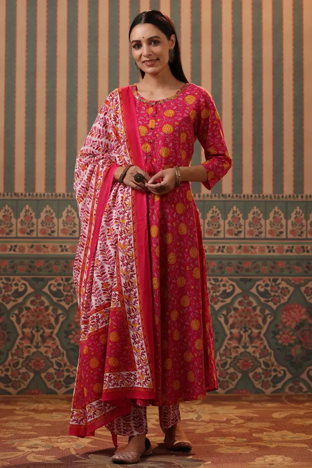 Women Fuchsia Floral Printed Sequinned Cotton Anarkali Kurta With Trousers & Dupatta