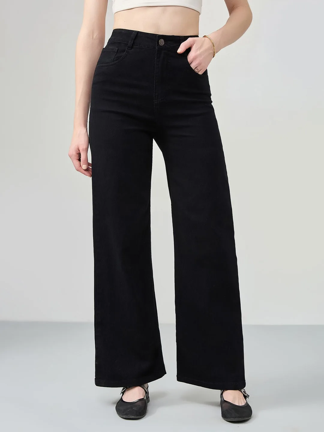 Black Wide Leg high-rise Stretchable Denim Jeans for Women