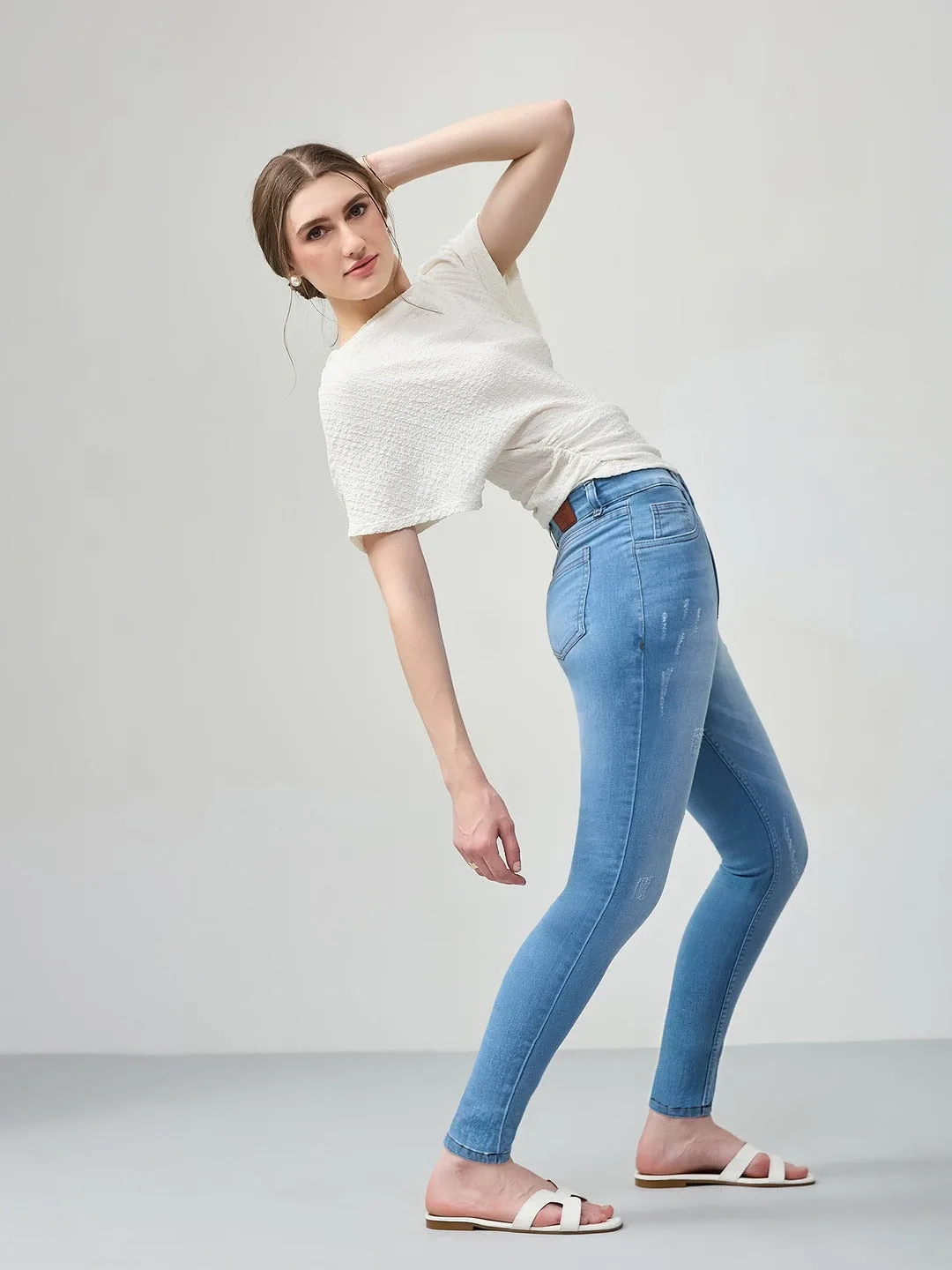 Blue Skinny high-rise Mild Distress Regular Stretchable Denim Jeans for Women