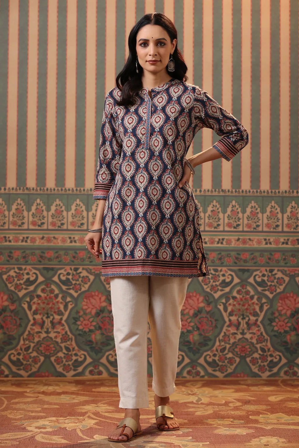 Women Ethnic Print Red Blue Cotton Kurti